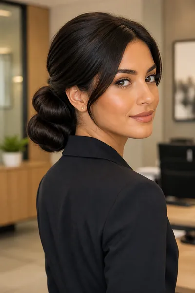 12 Bubble Bun Hairstyles That Are Trending This Year 4 Low bubble bun at nape of neck, office-professional hairstyle for square faces.