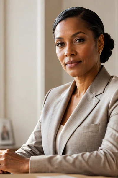 Woman wearing low chignon updo hairstyle at office desk in warm natural light