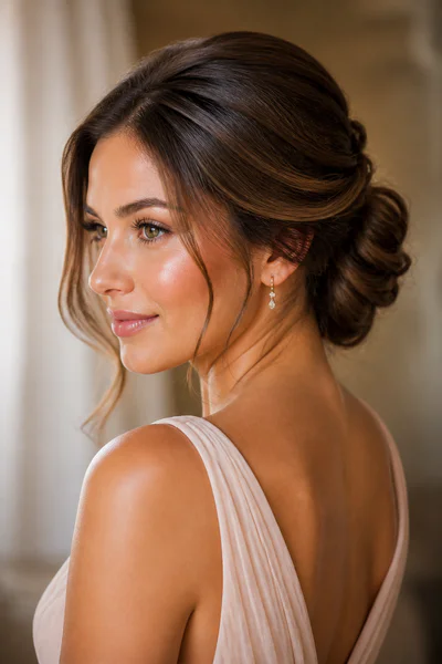 Romantic low chignon with soft texture, wedding-guest appropriate style