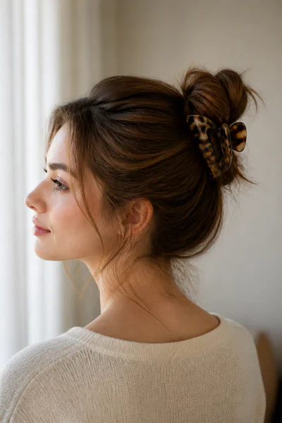 Messy bun secured quickly with a claw clip, ultra-fast style