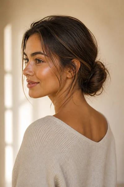 Messy low bun styled on second-day hair, perfect casual style