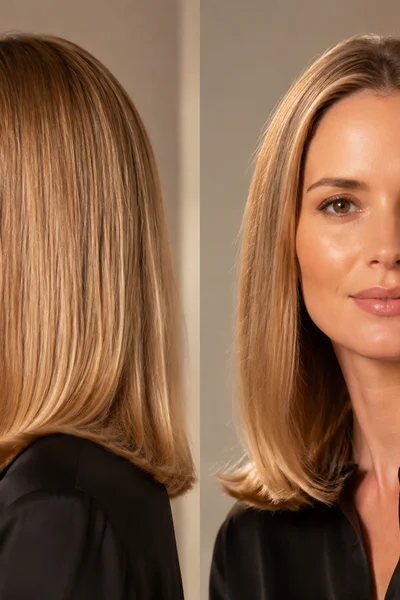 Woman with old money blowout hairstyle and inward bend showing polished salon finish