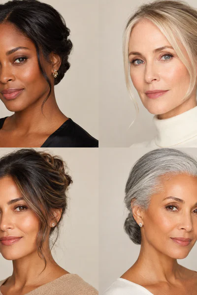 Color grid showing old money hair shades: brunette, cool blonde, soft balayage, and silver gray