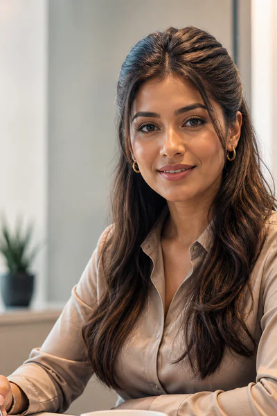Woman with polished half-up half-down hairstyle in office setting with warm light