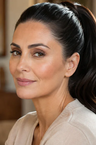 Woman with polished high ponytail and wrapped elastic in warm natural light