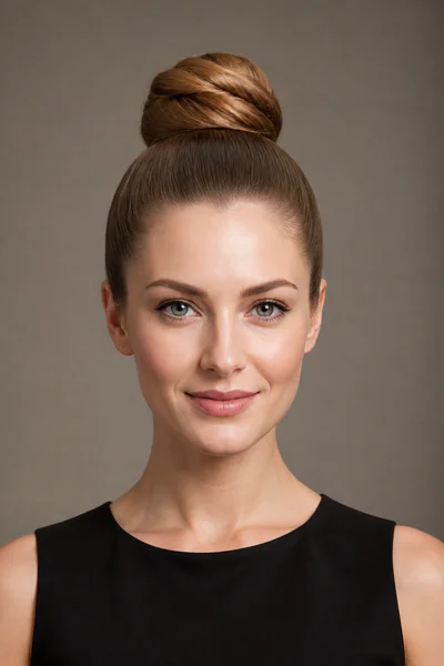 Polished top knot centered on crown, adding height and formality