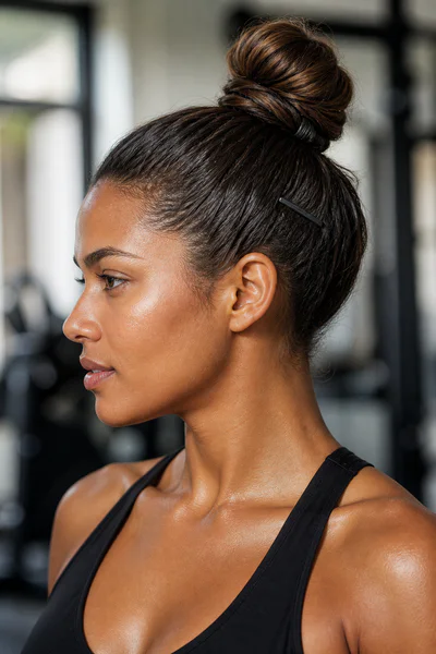 Quick gym bun secured with elastic and bobby pin, functional workout style