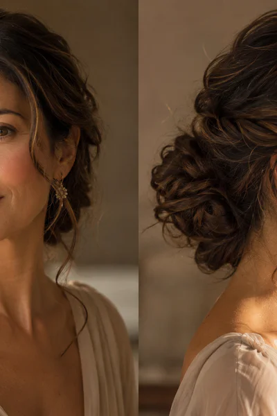 Woman with romantic loose chignon and soft face-framing pieces in warm golden light