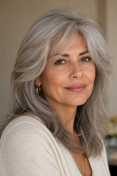 30 Flattering Hairstyles for Women Over 60 You Will Love 17 Side-swept bangs shoulder cut for women over 60 — gray layered style with curtain fringe