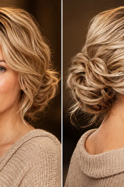 Woman with side-swept bun and soft side part in warm studio lighting