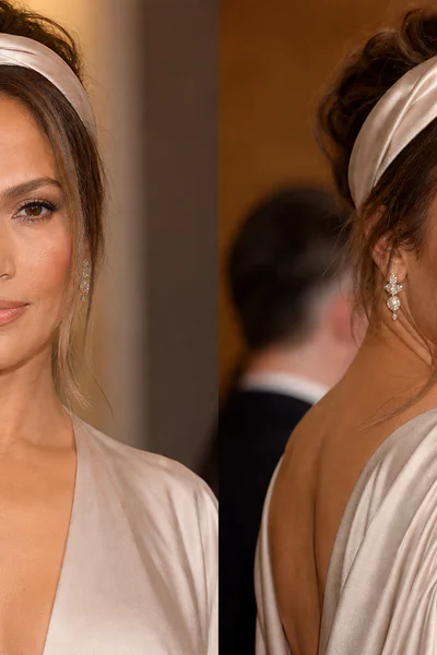 Woman with silk headband updo for formal event in warm professional lighting