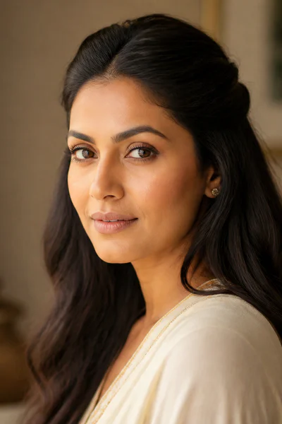 Woman with simple half-up twist hairstyle from three-quarter angle in warm lighting