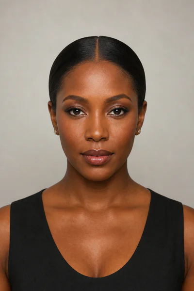 Sleek low bun with crisp center part, symmetrical and flattering for oval faces
