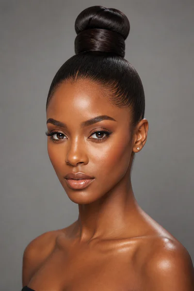 Sleek high ballerina bun pulled tight at the crown, flattering for round and square faces
