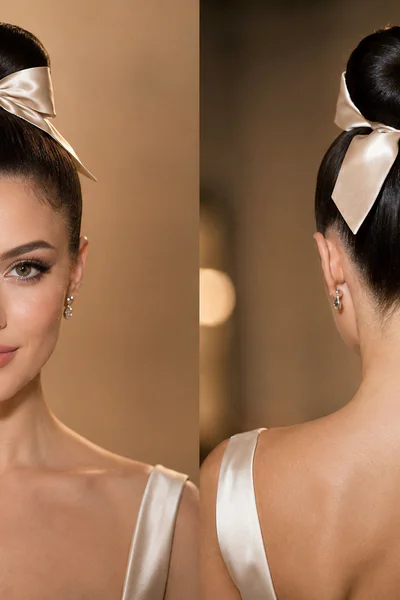 Woman with sleek high bun and silk bow for formal event in studio lighting