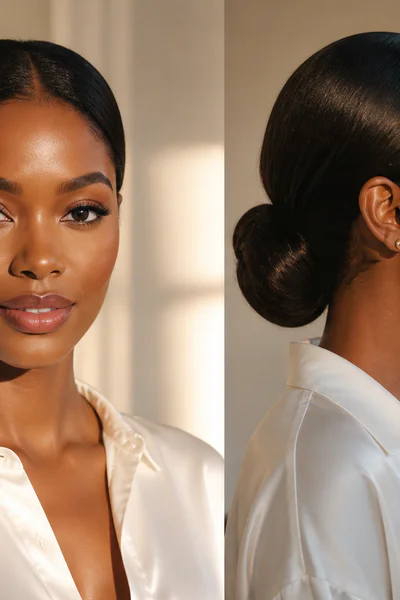 Black woman with sleek low bun hairstyle in warm natural lighting from front and side angles