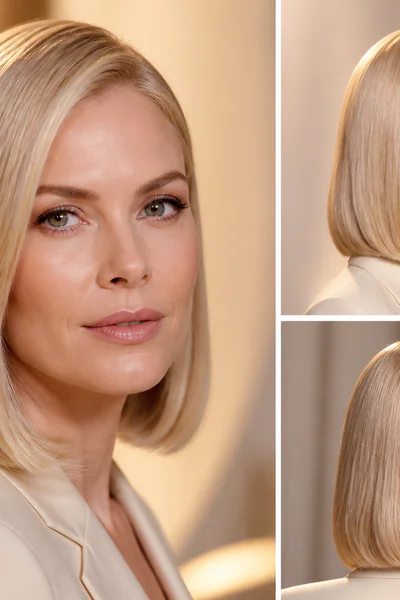 Woman with sleek straight blowout showing glass-hair shine in studio lighting