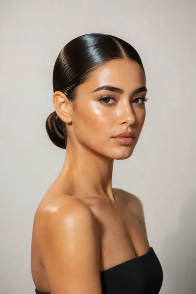 Slicked-back bun with glossy gel finish, flattering wet-look style