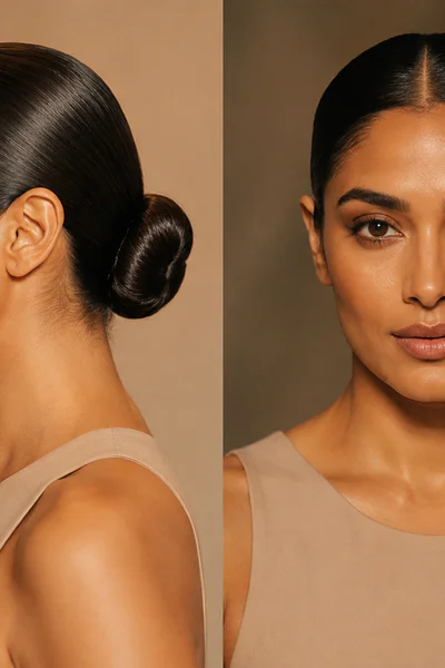 Woman with slicked-back bun hairstyle showing glossy, smooth finish in studio lighting