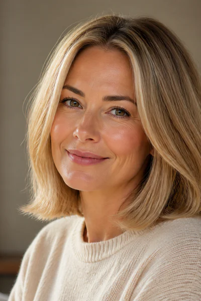 Woman with soft center-part lob at collarbone length in warm side lighting