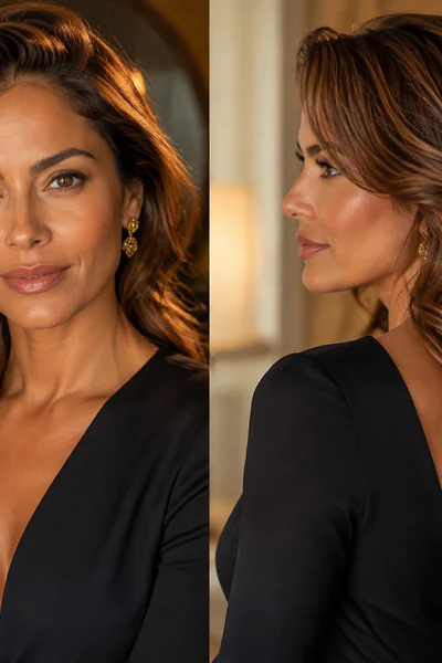 Woman with soft glam waves and deep side part in warm editorial lighting