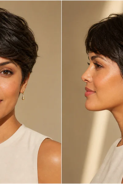 Woman with soft rounded pixie cut and tapered sides in warm studio lighting