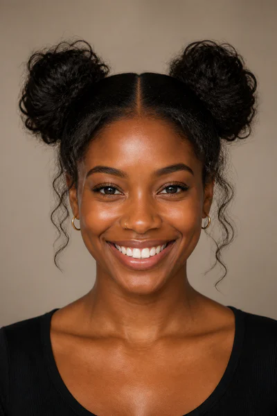 Two symmetrical space buns with precise center part, playful any-age style