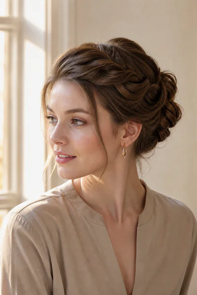 Loose bun with twisted sections at the crown, softening square face shapes