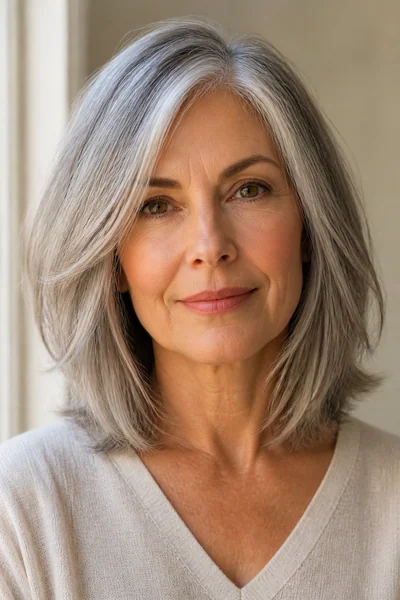 30 Flattering Hairstyles for Women Over 60 You Will Love 14 Textured lob for women over 60 — shoulder-length gray cut with piece-y point-cut ends