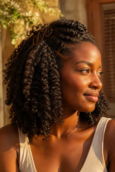 Twist-out half-up style, one of these homecoming hair ideas for curly and textured hair