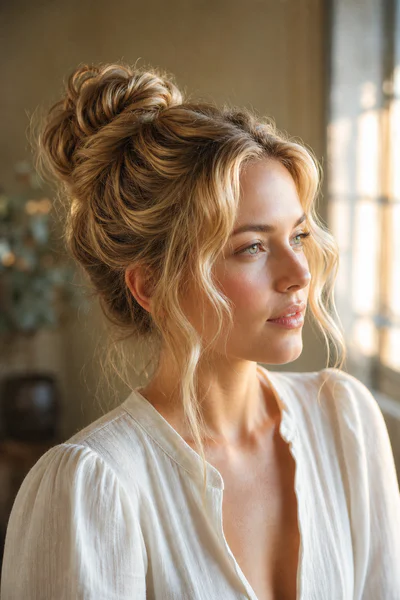 Twisted bun with soft waves visible around the face, heat-free romantic style