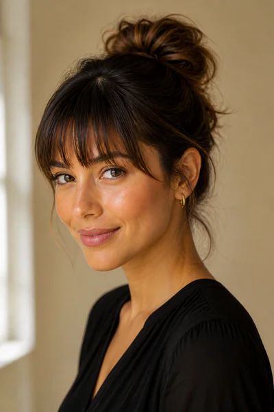 Undone bun with bangs left loose, casual intentional style