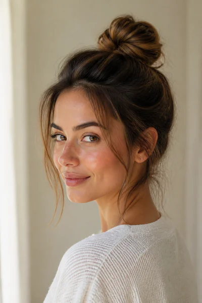 Undone top knot with a few flyaways left around the hairline