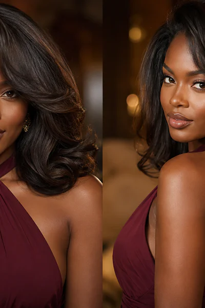 Woman with voluminous blowout and soft curls for evening in warm studio lighting