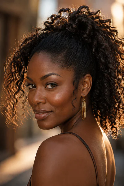 Voluminous curly ponytail with loose strands, one of these homecoming hair ideas for long hair
