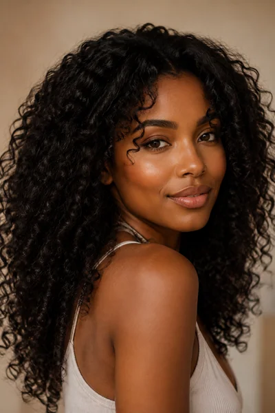 Wash-and-Go Layered Curls haircut flattering a heart-shaped face