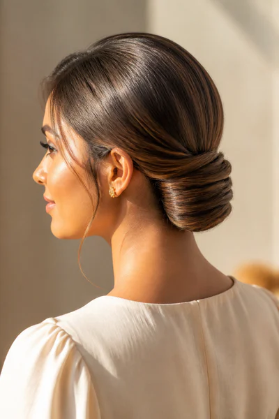 Wrapped chignon coiled flat at the nape, elegant sculptural style