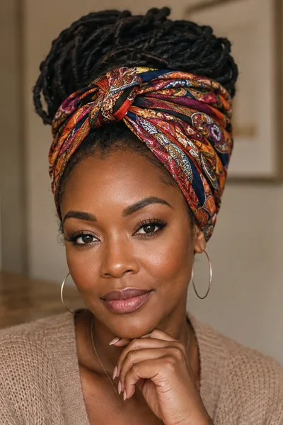 Wrapped loc hairstyle with scarf or turban, protective no-styling-required look