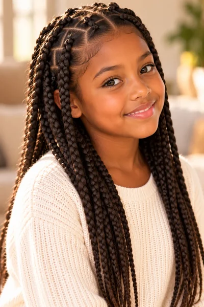 girl neat box braid sections evenly parted clean square parts joyful smile warm indoor light