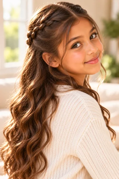girl two small side braids gathered center back bottom waves natural window light indoor background