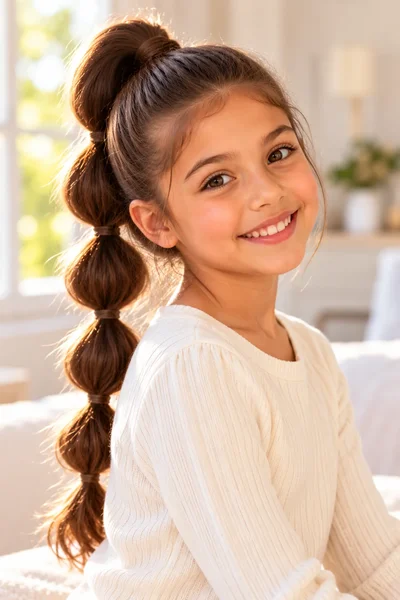 young girl bubble braid ponytail rounded puffed sections natural daylight indoor background portrait