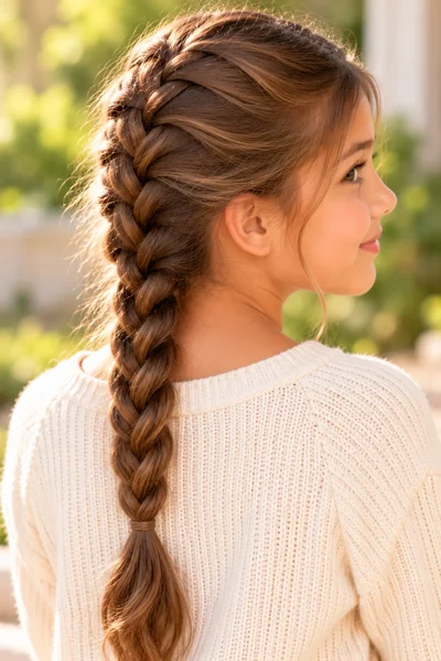 girl classic French braid crown to nape center back braid texture clearly visible natural daylight