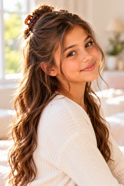tween girl half-up hair plain claw clip bottom hair flowing soft natural light bedroom background