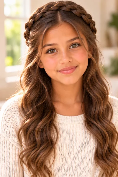 tween girl crown braid wrapping ear to ear across head polished neat natural window light portrait