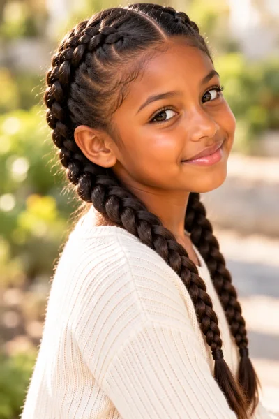 elementary-age girl two neat double dutch braids center part thick natural hair soft outdoor daylight