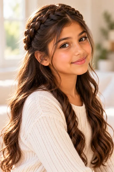 girl dutch braid running temple to temple across crown soft waves below natural window light portrait