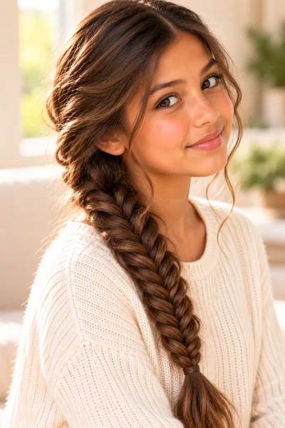 tween girl loose fishtail braid over shoulder intricate woven pattern soft natural light portrait