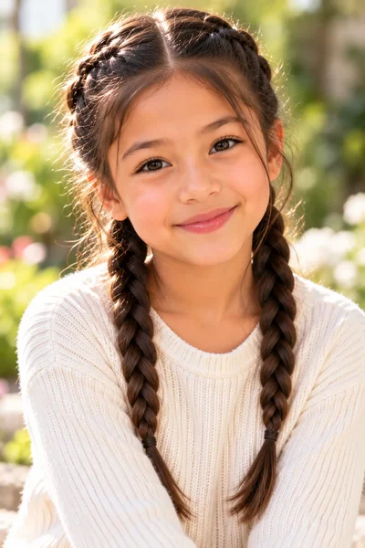 little girl two neat French braid pigtails center part soft natural daylight blurred background