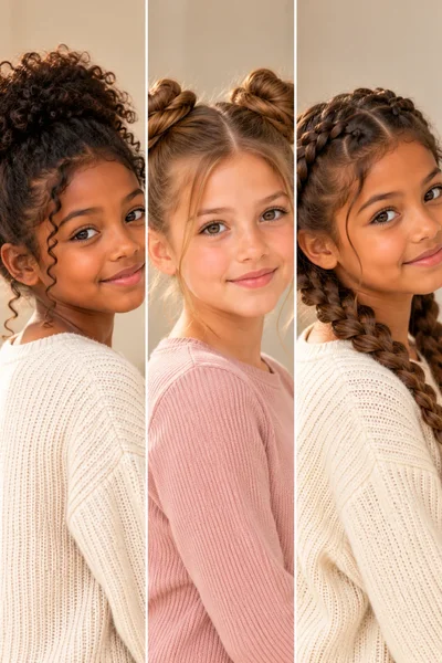 three-panel split-screen natural coily hair messy bun straight hair space buns wavy dutch braids portrait