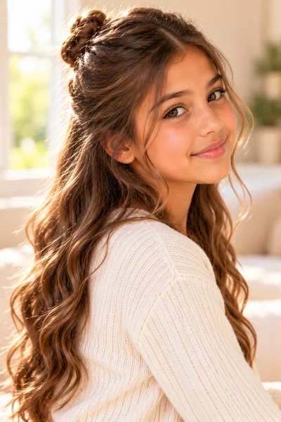tween girl top half twisted small neat bun pinned center back bottom hair flowing morning light